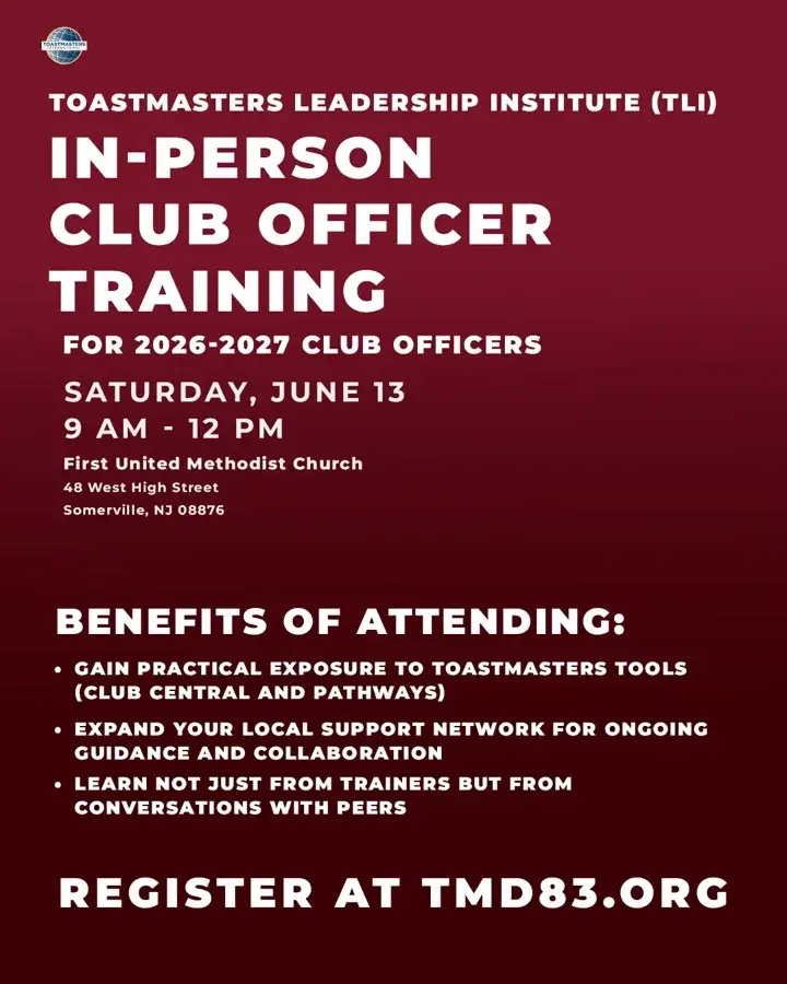 In-person club officer training graphic for District 83