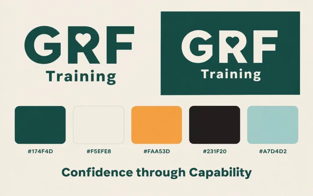 GRF Training brand board with logos, five colors and the tagline