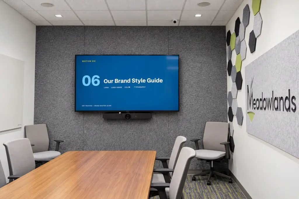 GRF Training's Brand Master Guide on screen in a Meadowlands Chamber conference room