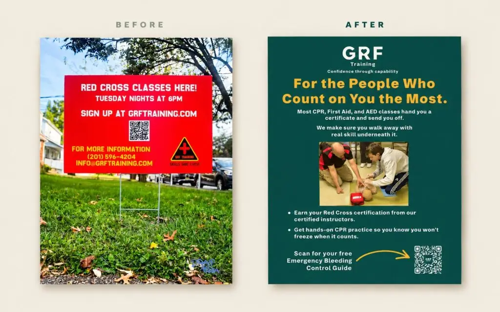 Before and after: the red yard sign and the new teal class flyer