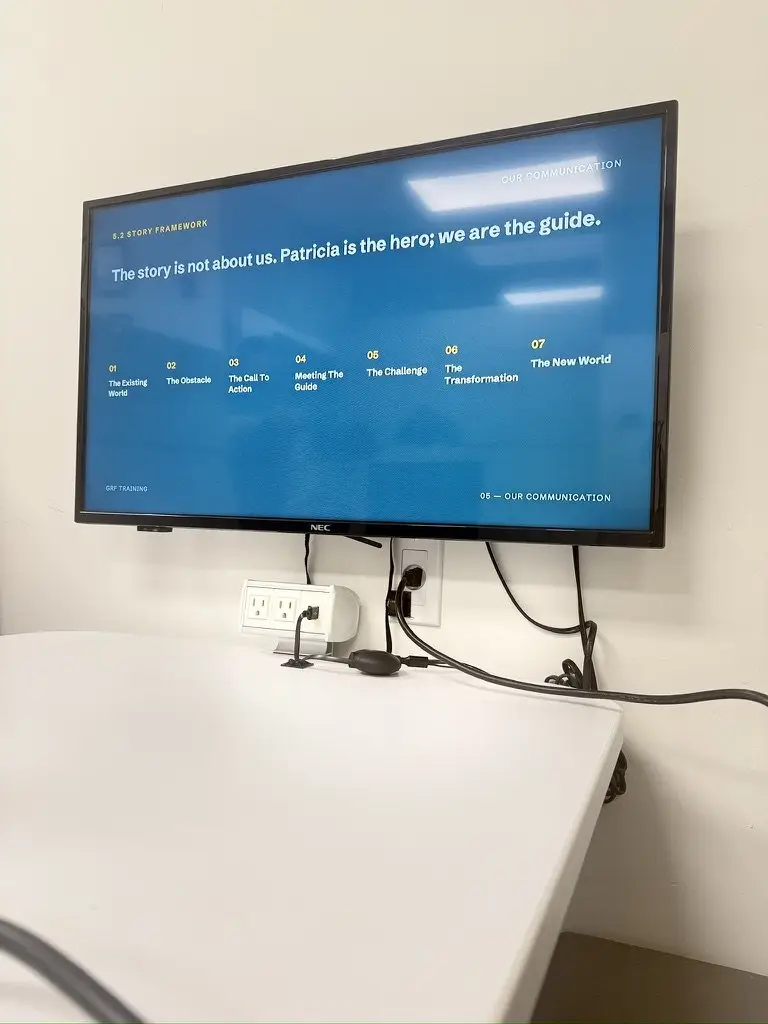 The story framework slide on screen during the GRF workshop