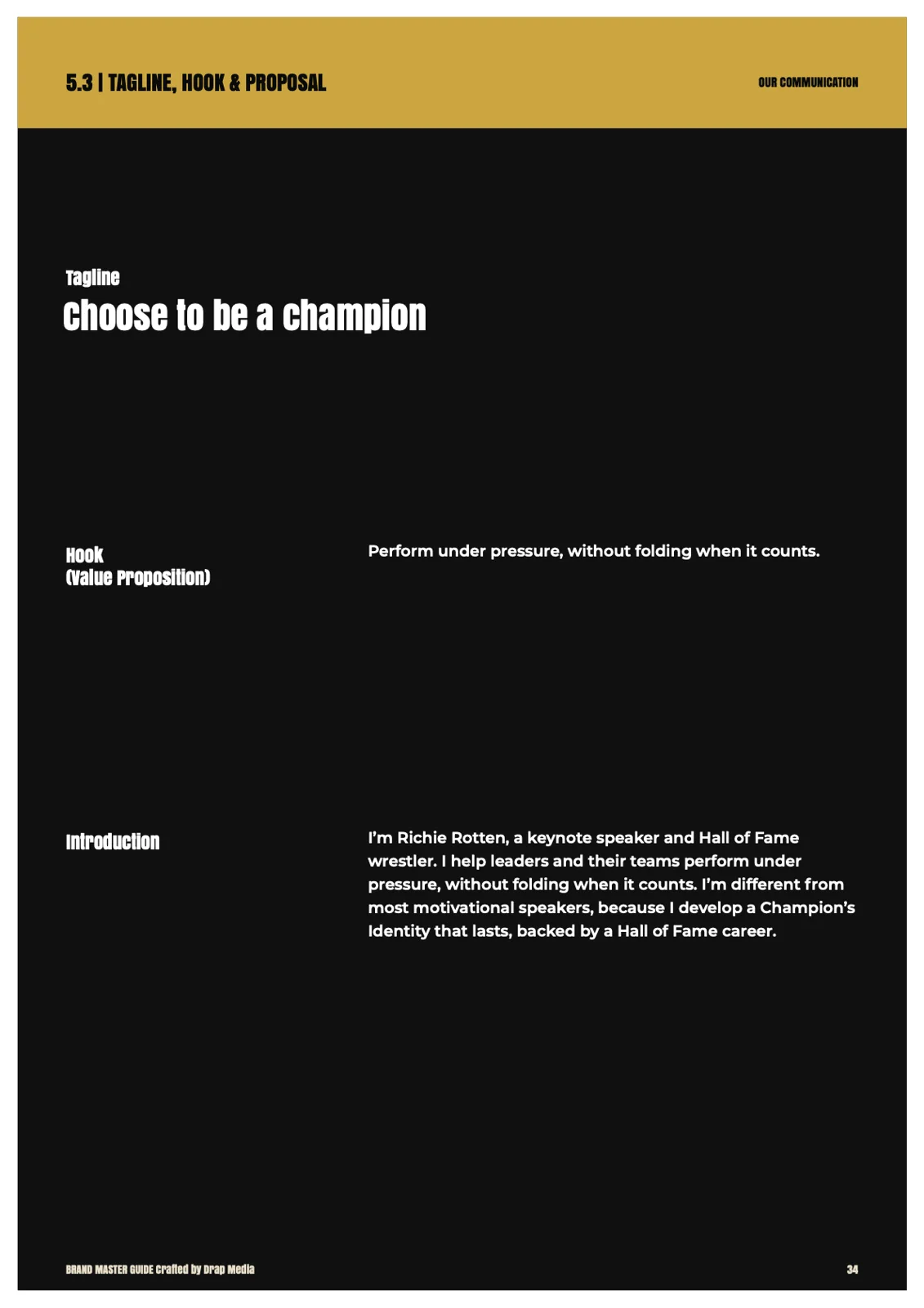 Tagline, hook and introduction page from the Richie Rotten Brand Master Guide